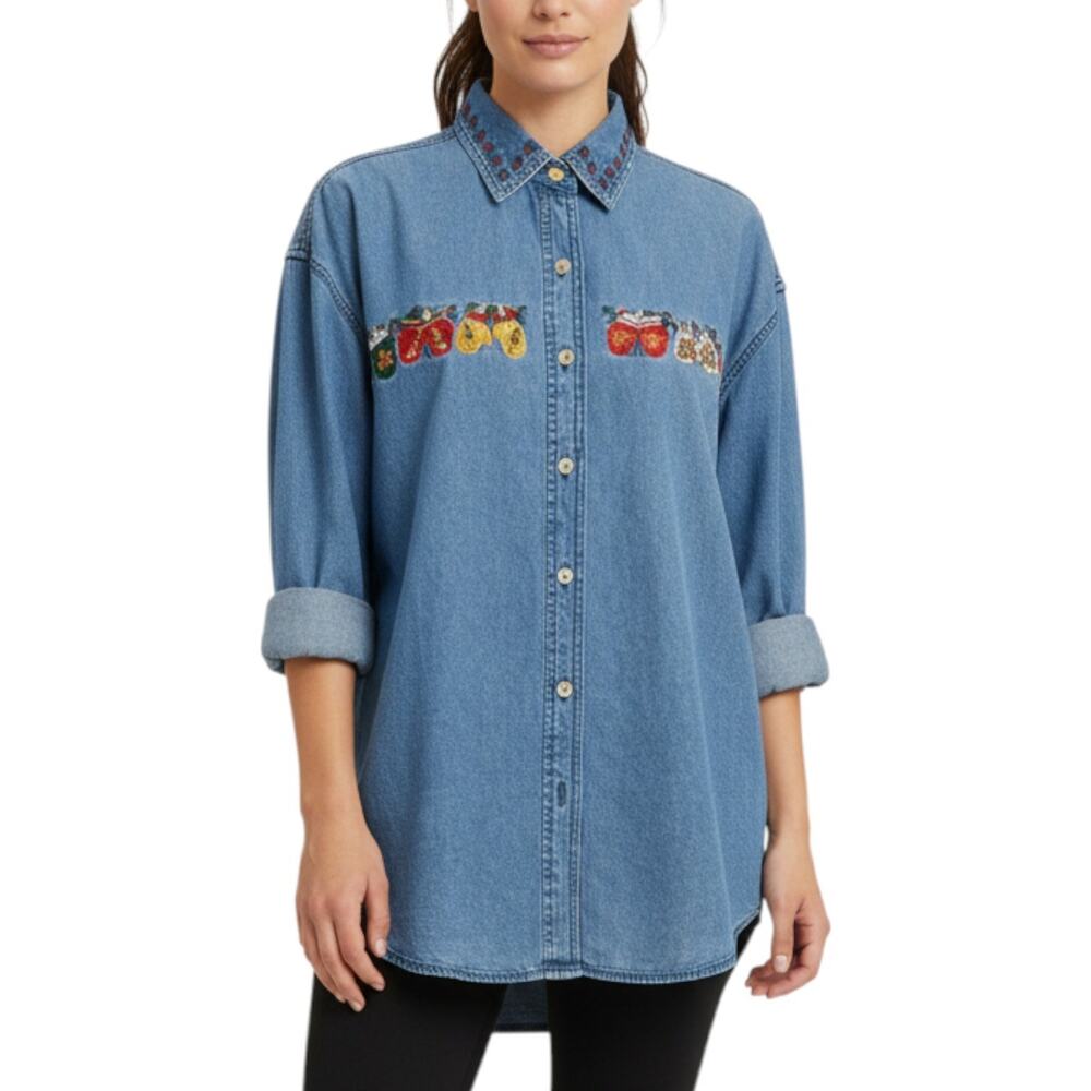 Solutions Casual Wear Denim Shirt Medium Christmas Mittens Embroidered Winter